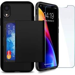 iPhone XR Case with Card Holder and[ Screen Protector Tempered Glass x2Pack] SUPBEC i Phone xr Wallet Case Cover with Shockproof Silicone TPU Anti-Scratch Hard PC Full Protective (Black)